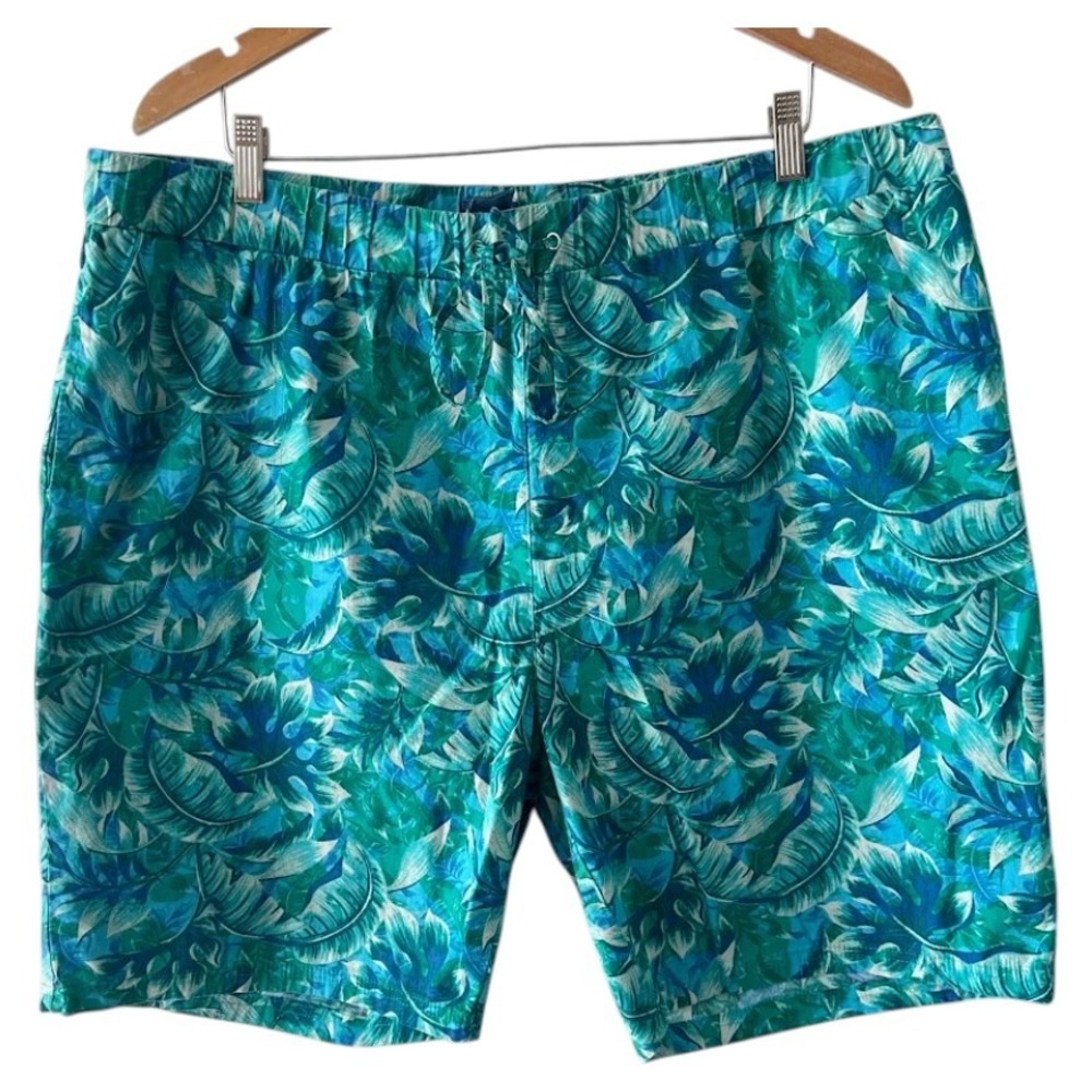 Caribbean Joe Mens 1X Tropical Palm Leaf Shorts Blue Green Elastic Waist Cotton